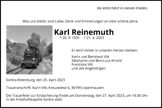 Traueranzeige von Karl Reinemuth von WRS