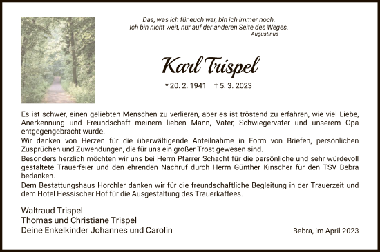 Traueranzeige von Karl Trispel von HNA