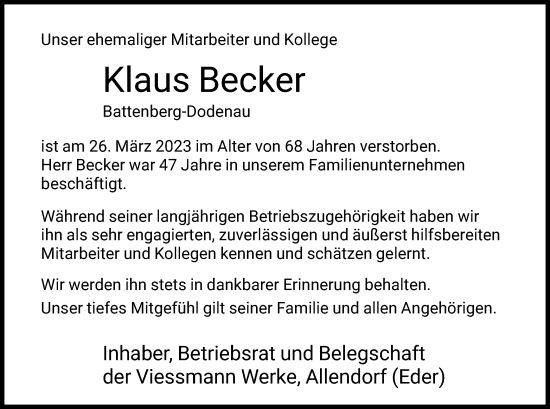 Traueranzeige von Klaus Becker von HNA