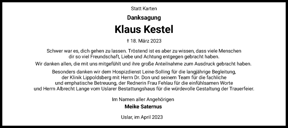  Traueranzeige für Klaus Kestel vom 29.04.2023 aus HNA