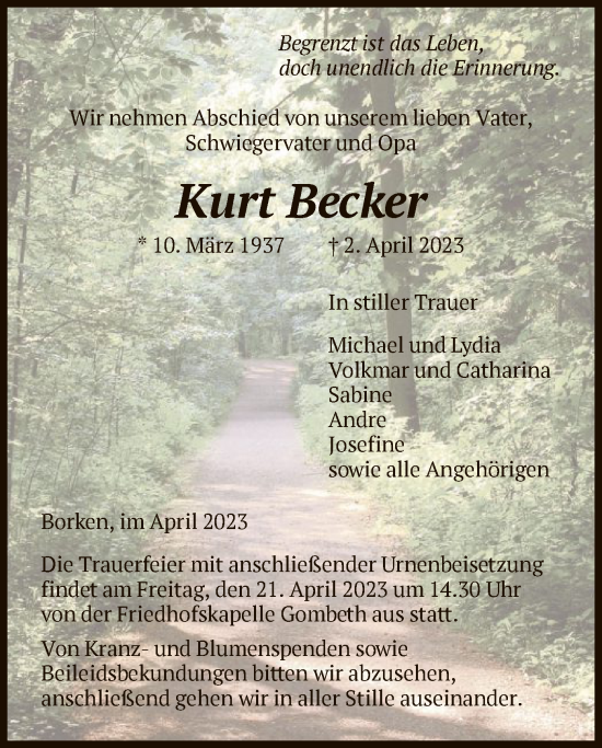 Traueranzeige von Kurt Becker von HNA