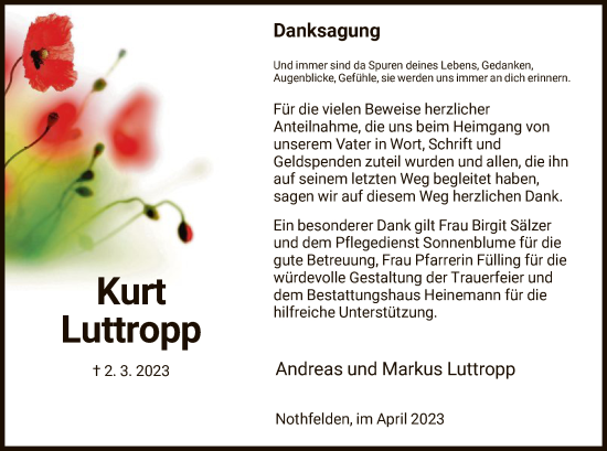 Traueranzeige von Kurt Luttropp von HNA