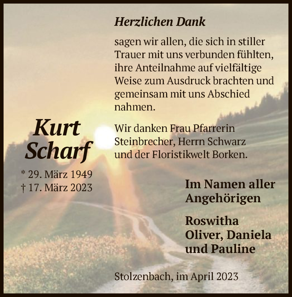  Traueranzeige für Kurt Scharf vom 15.04.2023 aus HNA