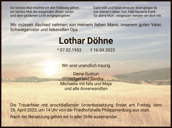 Traueranzeige von Lothar Döhne von HNA