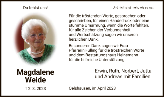 Traueranzeige von Magdalene Weide von HNA