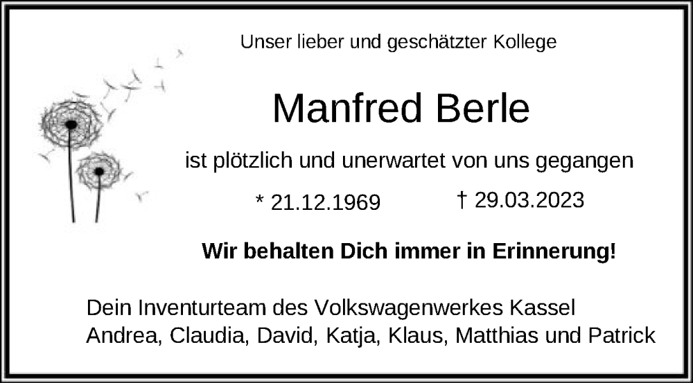  Traueranzeige für Manfred Berle vom 22.04.2023 aus HNA