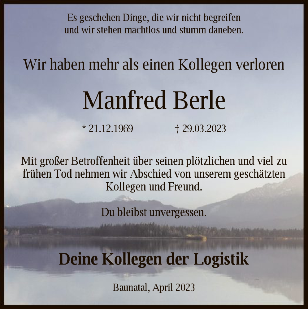  Traueranzeige für Manfred Berle vom 22.04.2023 aus HNA