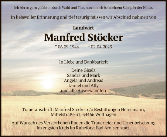Traueranzeige von Manfred Stöcker von HNA