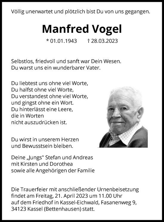 Traueranzeige von Manfred Vogel von HNA
