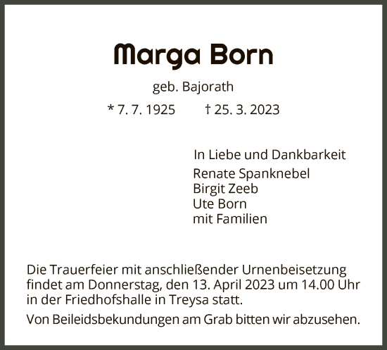 Traueranzeige von Marga Born von HNA