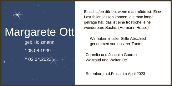 Traueranzeige von Margarete Ott von HNA