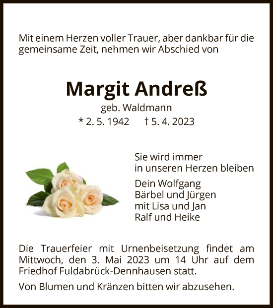 Traueranzeige von Margit Andreß von HNA