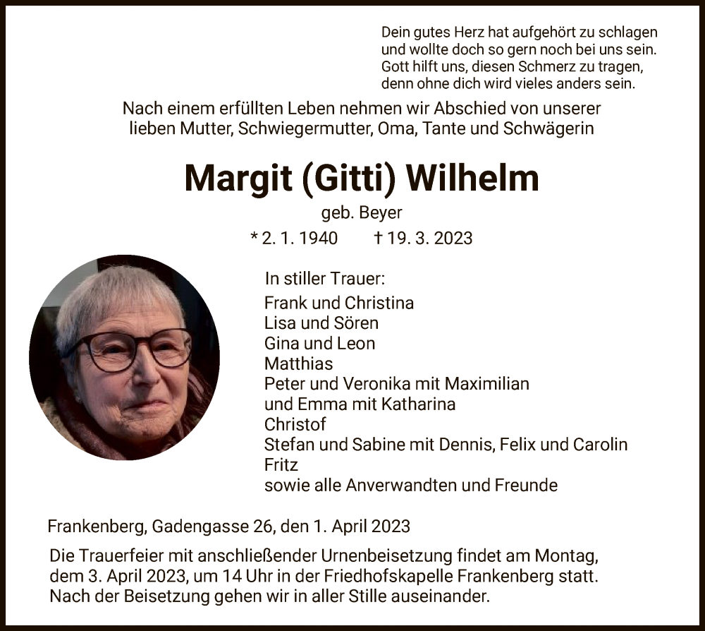  Traueranzeige für Margit Wilhelm vom 01.04.2023 aus HNA