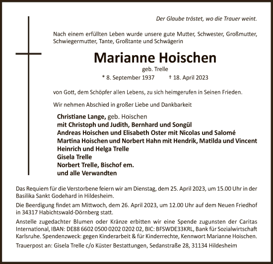 Traueranzeige von Marianne Hoischen von HNA