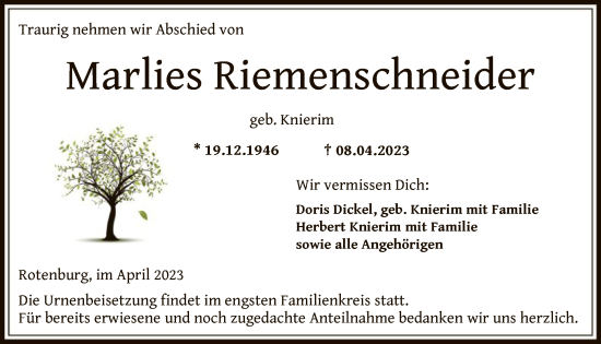 Traueranzeige von Marlies Riemenschneider von HNA