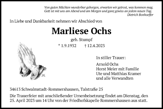 Traueranzeige von Marliese Ochs von HNA