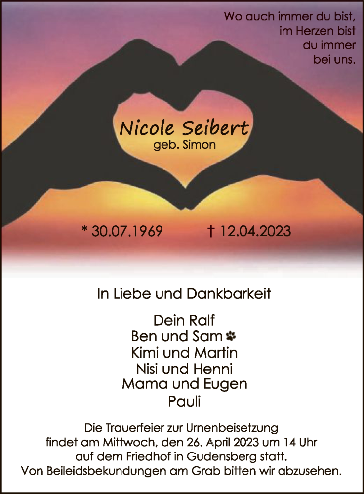  Traueranzeige für Nicole Seibert vom 21.04.2023 aus HNA