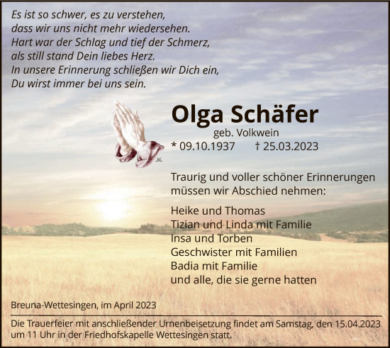 Traueranzeige von Olga Schäfer von HNA