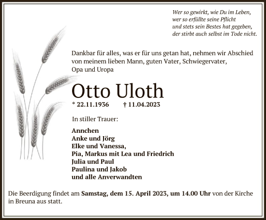 Traueranzeige von Otto Uloth von HNA