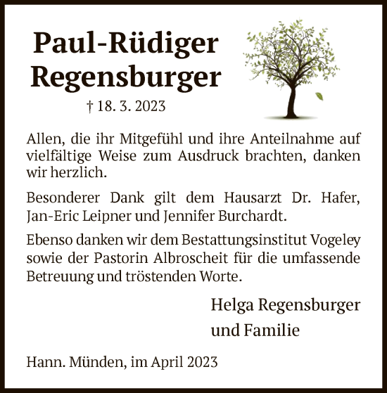 Traueranzeige von Paul-Rüdiger Regensburger von HNA