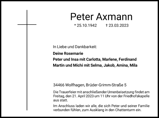 Traueranzeige von Peter Axmann von HNA