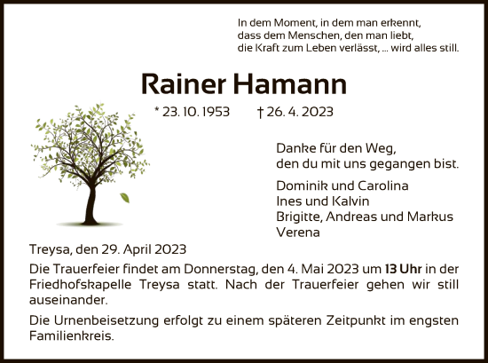 Traueranzeige von Rainer Hamann von HNA