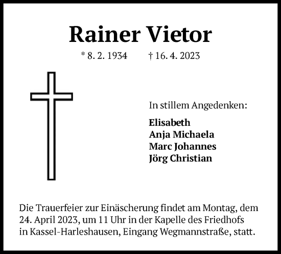 Traueranzeige von Rainer Vietor von HNA