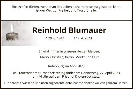 Traueranzeige von Reinhold Blumauer von HNA