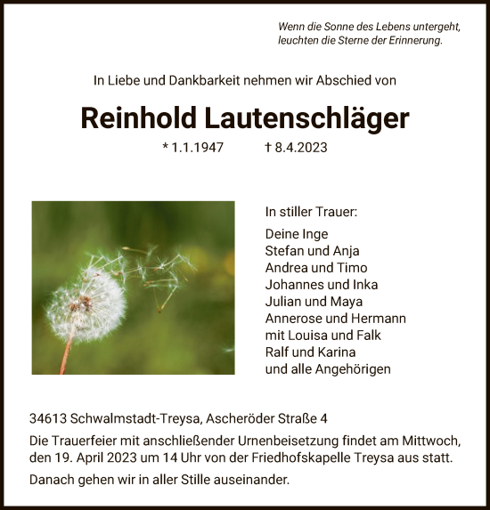 Traueranzeige von Reinhold Lautenschläger von HNA