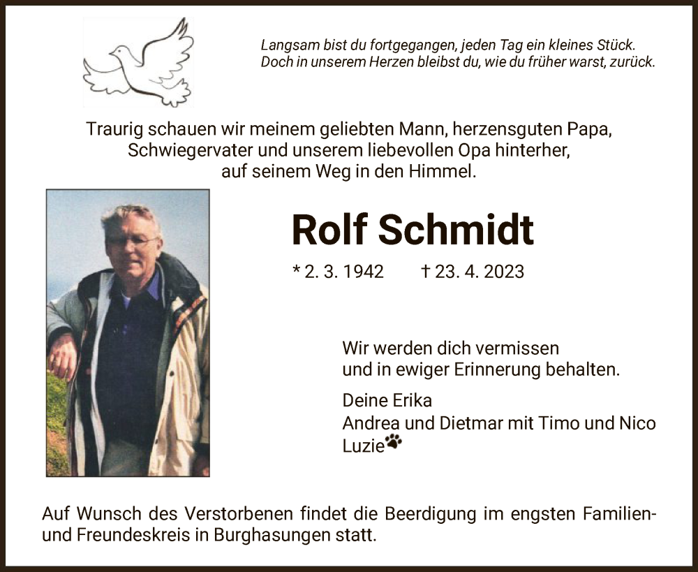  Traueranzeige für Rolf Schmidt vom 29.04.2023 aus HNA