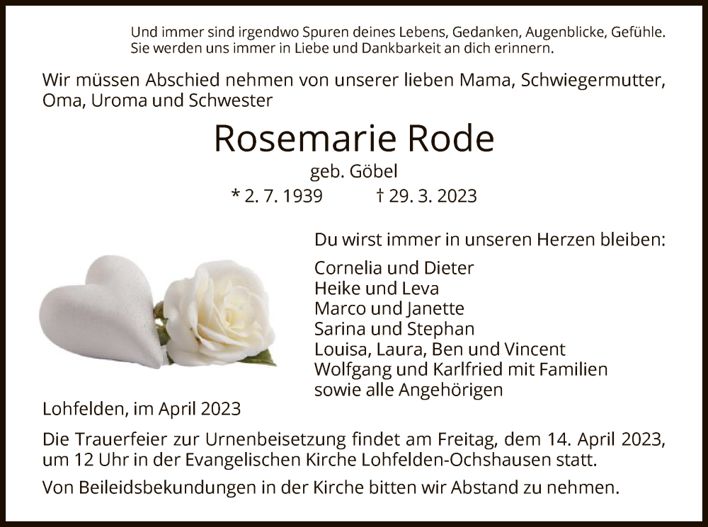  Traueranzeige für Rosemarie Rode vom 08.04.2023 aus HNA