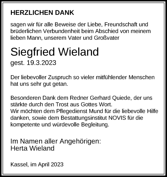 Traueranzeige von Siegfried Wieland von HNA