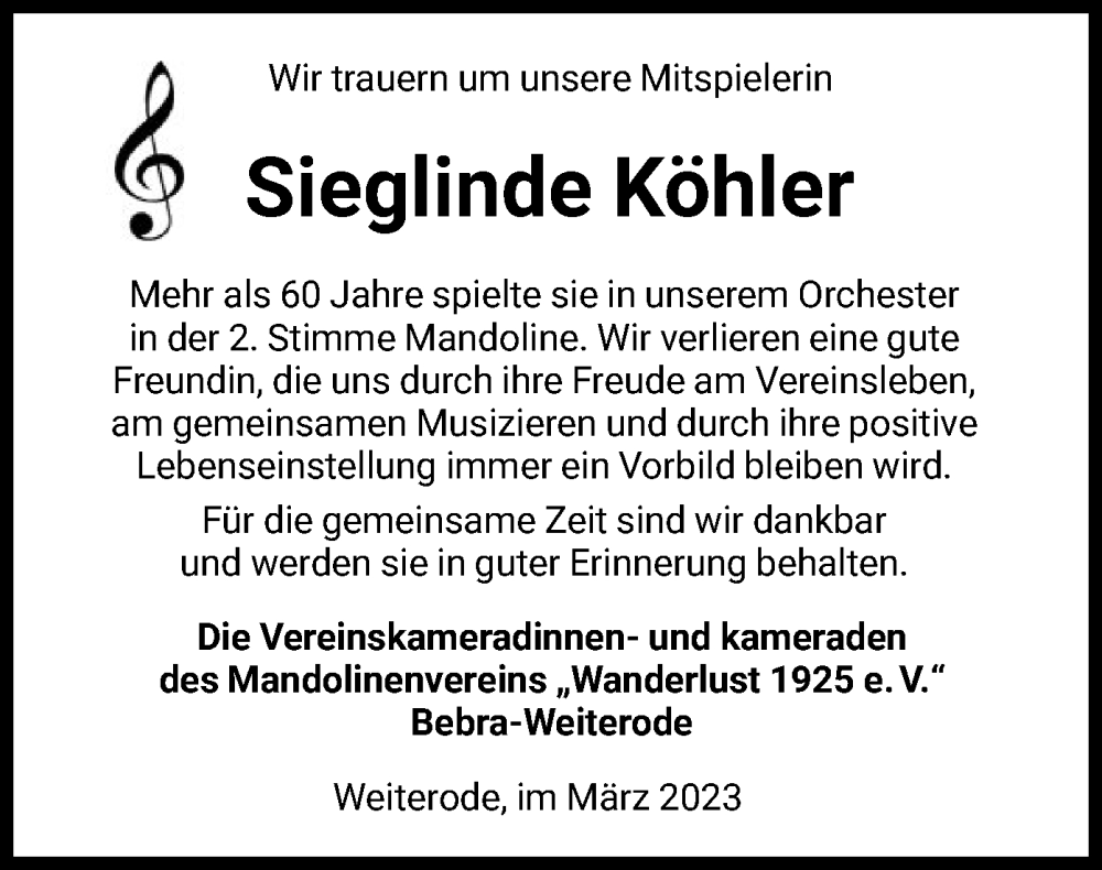 Traueranzeige für Sieglinde Köhler vom 01.04.2023 aus HNA