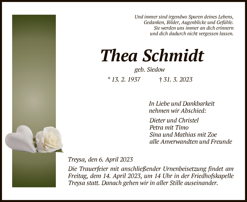  Traueranzeige für Thea Schmidt vom 06.04.2023 aus HNA