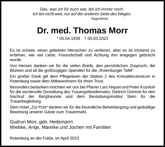 Traueranzeige von Thomas Morr von HNA