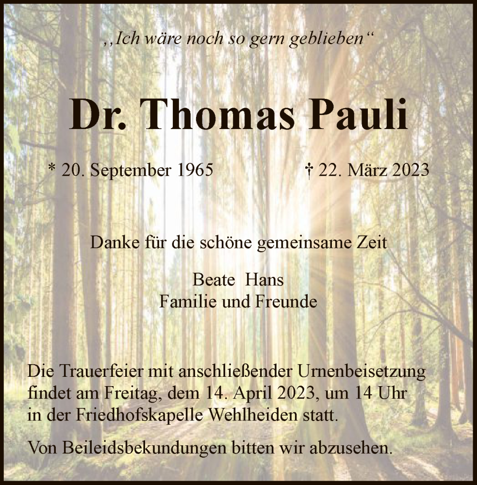  Traueranzeige für Thomas Pauli vom 01.04.2023 aus HNA