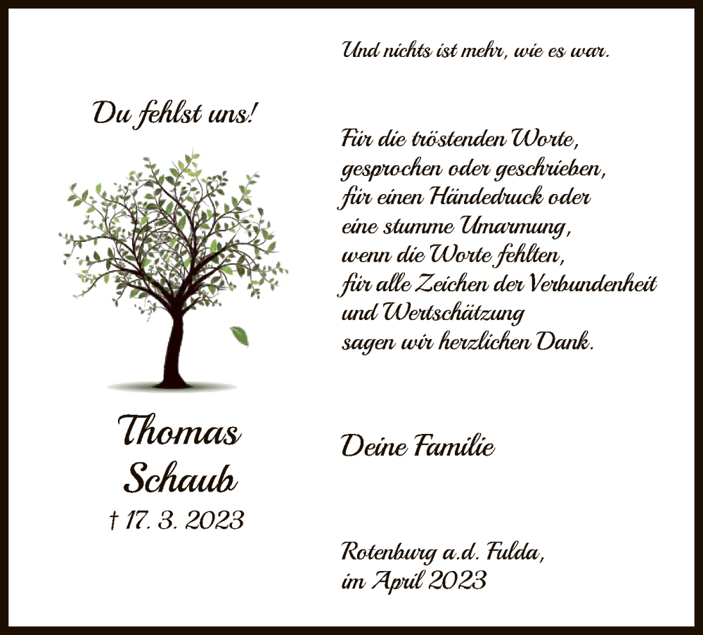  Traueranzeige für Thomas Schaub vom 15.04.2023 aus HNA