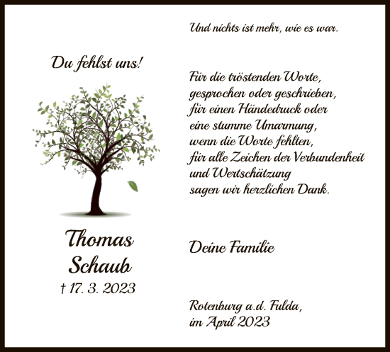 Traueranzeige von Thomas Schaub von HNA