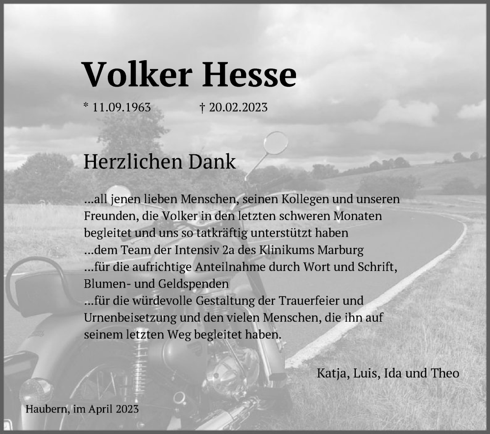  Traueranzeige für Volker Hesse vom 06.04.2023 aus HNA