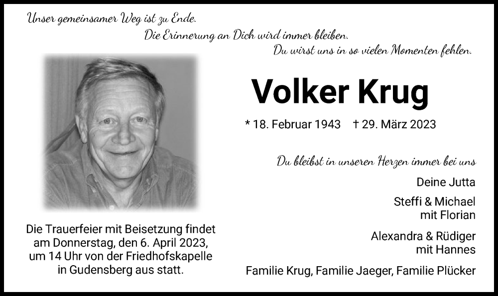  Traueranzeige für Volker Krug vom 01.04.2023 aus HNA
