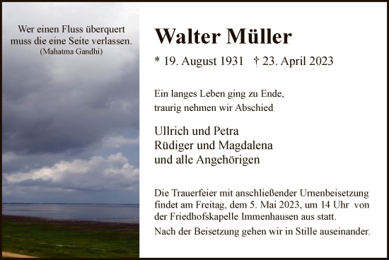 Traueranzeige von Walter Müller von HNA