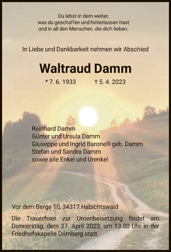  Traueranzeige für Waltraud Damm vom 21.04.2023 aus HNA