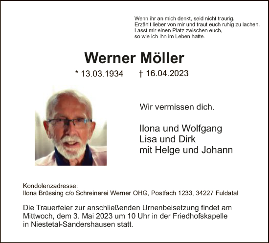 Traueranzeige von Werner Möller von HNA