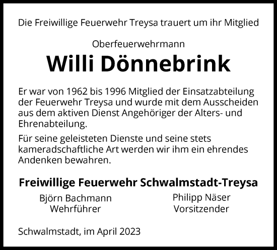 Traueranzeige von Willi Dönnebrink von HNA