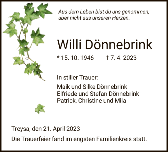 Traueranzeige von Willi Dönnebrink von HNA