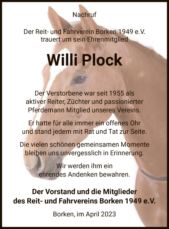 Traueranzeige von Willi Plock von HNA