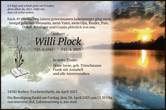 Traueranzeige von Willi Plock von HNA