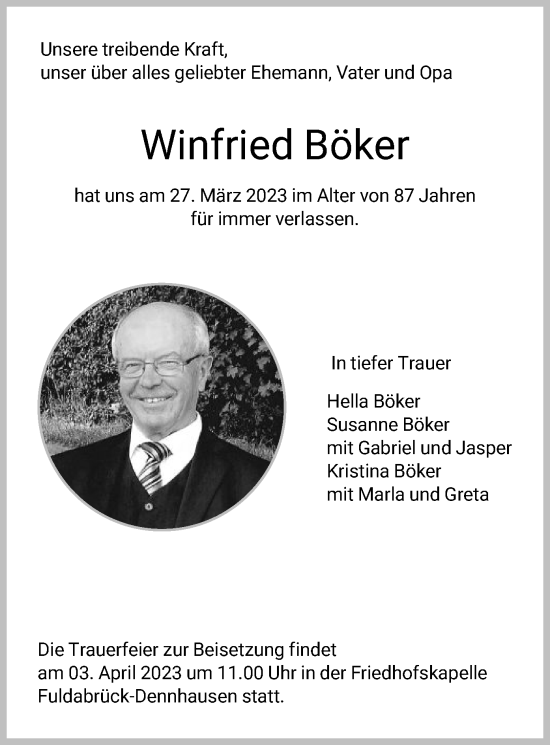 Traueranzeige von Winfried Böker von HNA