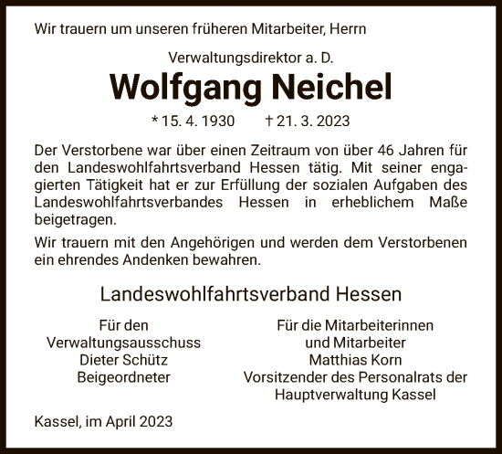 Traueranzeige von Wolfgang Neichel von HNA