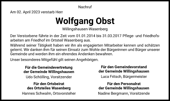 Traueranzeige von Wolfgang Obst von HNA